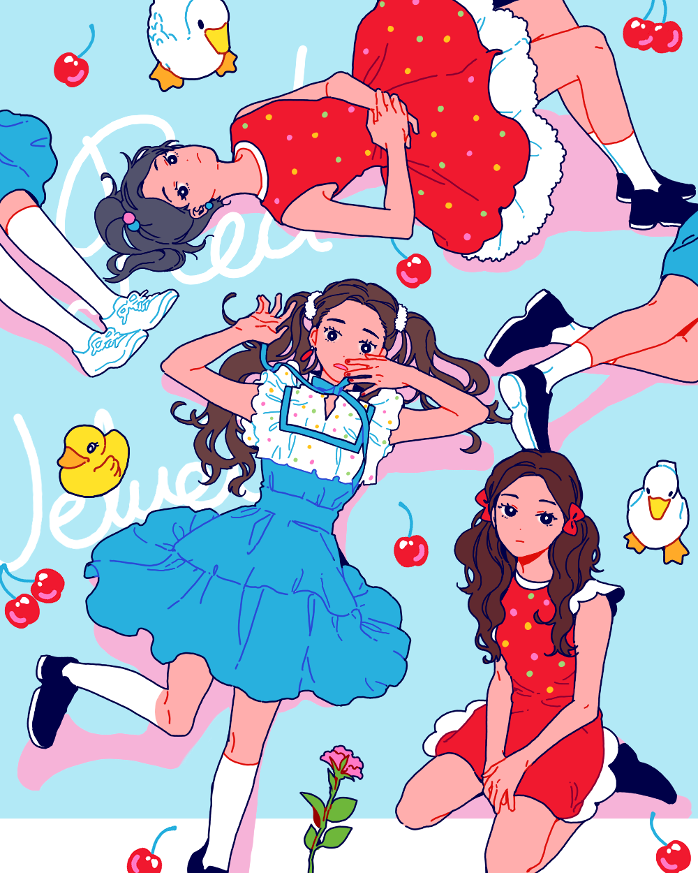 5girls bird blue_dress brown_hair celandine_93 cherry commentary dress duck earrings flower food from_above fruit group_name hair_ribbon highres irene_(red_velvet) jewelry joy_(red_velvet) k-pop kneehighs looking_at_viewer looking_up lying multiple_girls on_back pink_flower pink_rose real_life red_dress red_ribbon red_velvet_(group) ribbon rose seulgi_(red_velvet) sitting sleeveless sleeveless_dress socks symbol-only_commentary twintails wariza wendy_(red_velvet) white_socks yeri_(red_velvet)