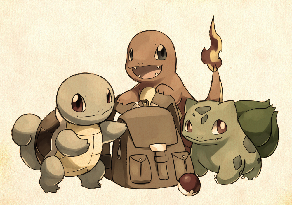 backpack bag bulbasaur charmander fire flower gen_1_pokemon good_frog nintendo no_humans plant poke_ball pokemon pokemon_(creature) randoseru simple_background squirtle turtle zipper