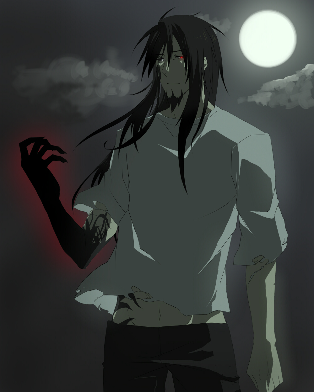 1boy arm_at_side black_eyes black_hair black_pants body_markings chest_tattoo clenched_hand cloud cloudy_sky corruption dappled_moonlight depressed facial_hair facing_to_the_side full_moon glowing glowing_hand goatee grey_background gurast heterochromia highres looking_at_hand looking_down male_focus mature_male medium_hair midriff_peek moon moonlight night night_sky open_hand original outdoors pants red_eyes shirt sky tattoo torn_clothes torn_shirt white_shirt wind
