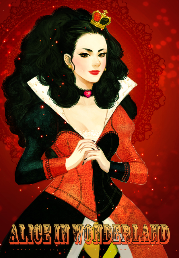 1girl alice_in_wonderland animification black_hair breasts brown_eyes cleavage copyright_name crown curly_hair disney dress earrings female_focus j_(onose1213) jewelry lipstick long_hair makeup queen_of_hearts_(alice_in_wonderland) red_eyes solo