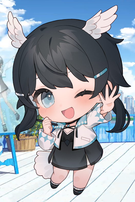 1girl ;d arm_up bird_tail black_dress black_hair black_shoes blue_eyes blue_sky chibi cloud commentary_request day dress earrings feathered_wings full_body hair_between_eyes hair_ornament hairclip head_wings holding holding_stylus indie_virtual_youtuber jacket jewelry kurata_rine_(vtuber) long_hair long_sleeves looking_at_viewer mekepo-san one_eye_closed open_clothes open_jacket open_mouth outdoors second-party_source shoes sky smile socks solo standing standing_on_one_leg stud_earrings stylus tail virtual_youtuber white_jacket white_socks white_wings wings