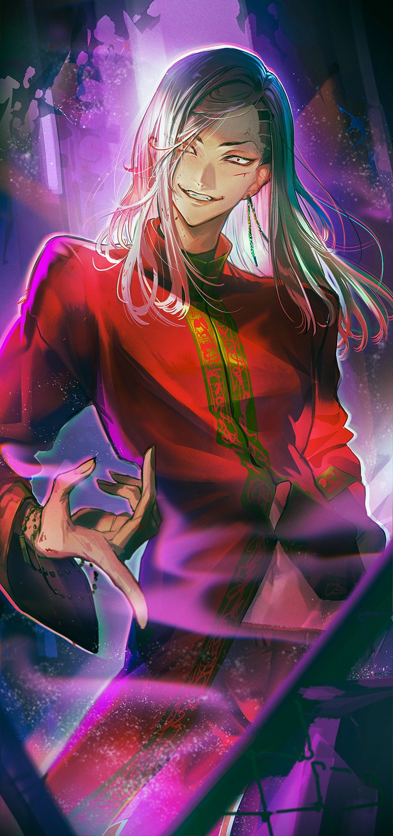 1boy asymmetrical_hair black_eyes bracelet cowboy_shot earrings evil_grin evil_smile grin highres jewelry kokonoi_hajime long_hair long_sleeves looking_at_viewer male_focus miyuki_nknk pants red_pants red_robe robe sanpaku single_earring smile solo standing teeth tokyo_revengers tsurime white_hair