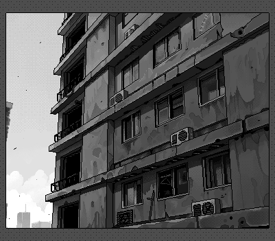 apartment border broken_window building clothes_hanger condenser_unit dithering greyscale hamsterfragment jaggy_lines lowres monochrome no_humans original outdoors railing window