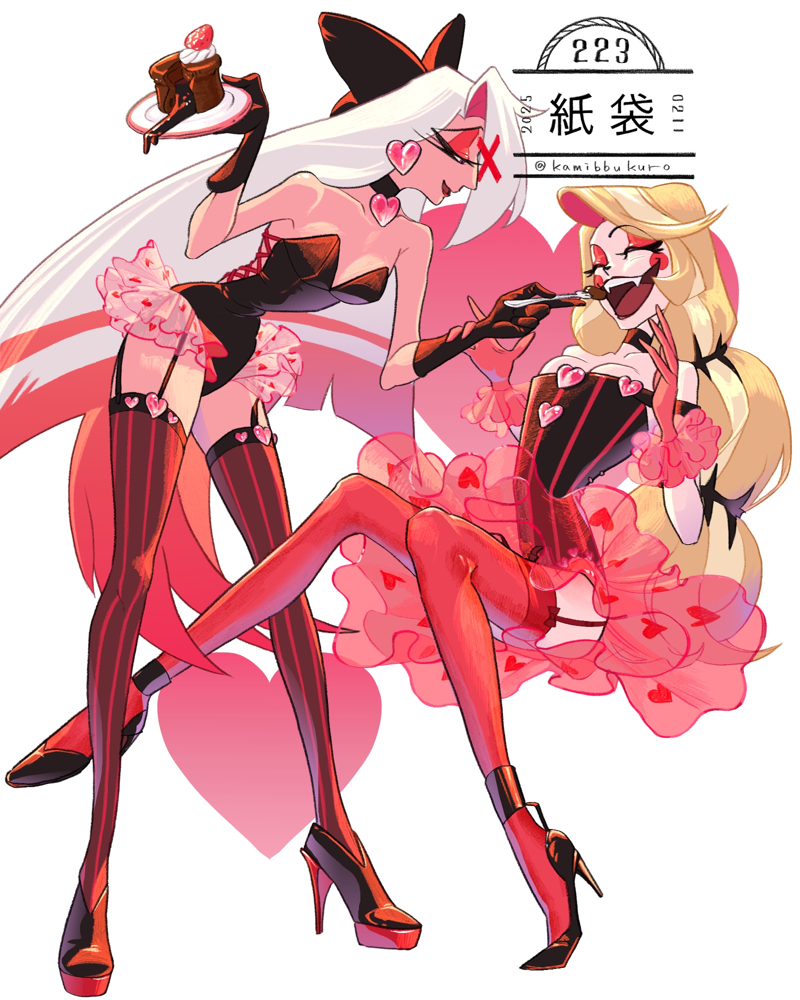 black_gloves black_leotard blonde_hair breasts cake charlie_morningstar circle_facial_mark cleavage colored_inner_hair couple demon_girl fangs feeding food fork frilled_gloves frills garter_straps gloves grey_hair hair_over_one_eye hazbin_hotel heart heart_print high_heels highres leotard long_hair multicolored_hair official_alternate_costume pink_gloves see-through_clothes see-through_skirt skirt vaggie very_long_hair wide_mouth yuri zhidai_(kamibbukuro)