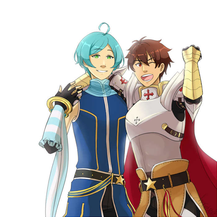 2boys ahoge alternate_color arm_around_shoulder armor bangle belt belt_buckle black_belt black_gloves blue_hair blue_pants blue_shirt bracelet breastplate brown_cape brown_hair buckle cape chasewalk clenched_hand commentary cowboy_shot cross detached_sleeves english_commentary ensemble_stars! fingerless_gloves gloves green_eyes grin hair_between_eyes jewelry looking_at_viewer male_focus morisawa_chiaki multiple_boys one_eye_closed open_mouth paladin_(ragnarok_online) pants pauldrons professor_(ragnarok_online) ragnarok_online red_cape red_eyes shinkai_kanata shirt short_hair shoulder_armor simple_background sleeveless sleeveless_shirt smile star_(symbol) striped_sleeves waist_cape white_background white_sleeves
