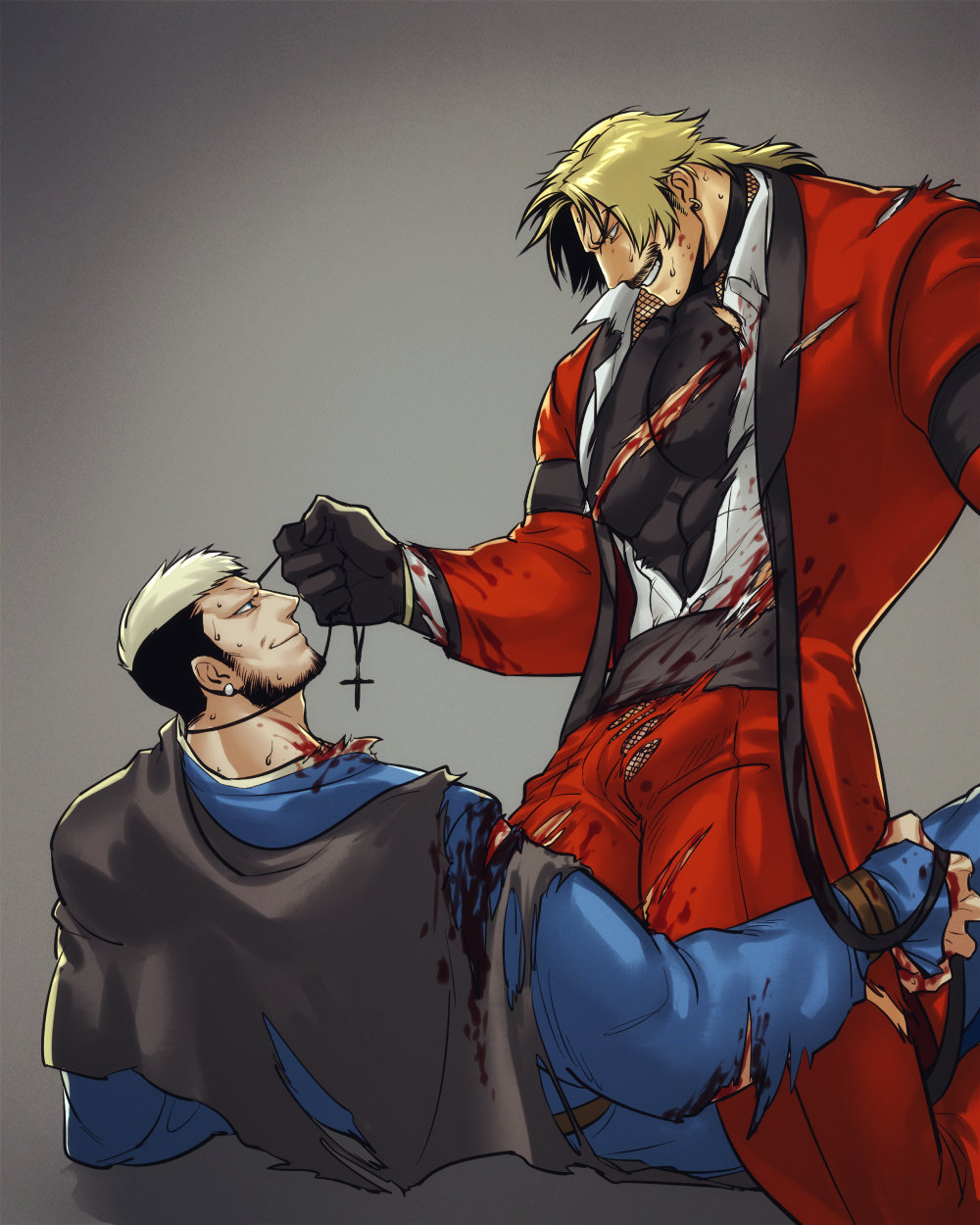 2boys bara beard blonde_hair blood blood_on_clothes blood_on_face bulge cross cross_necklace ear_piercing erection erection_under_clothes eye_contact facial_hair feet_out_of_frame fishnet_sleeves fishnets goenitz highres jewelry large_pectorals long_hair long_sleeves looking_at_another looking_down male_focus multicolored_hair multiple_boys muscular muscular_male mustache necklace necklace_pull pectorals penis penis_peek piercing priest rugal_bernstein shirt short_hair sideburns smile snaaaking straddling taut_clothes taut_shirt the_king_of_fighters thick_thighs thighs torn_clothes torn_shirt two-tone_hair yaoi