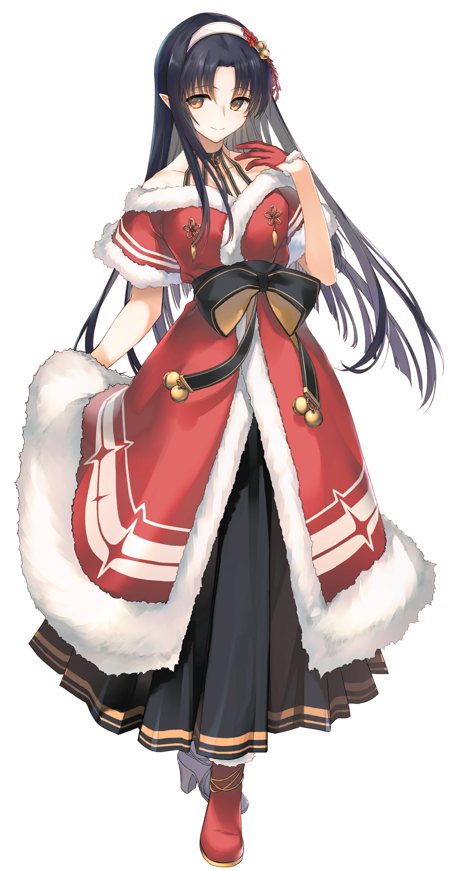 1girl ainu_clothes aquaplus arm_up bell black_hair black_sash boots breasts brown_eyes choker christmas christmas_ornaments closed_mouth clothes_grab clothes_pull coat collarbone dress full_body gloves gradient_eyes gradient_hair hair_ornament hairband high_heels highres kashiwagi_chizuru kizuato long_hair looking_to_the_side medium_breasts multicolored_eyes multicolored_hair off_shoulder official_art parted_bangs pointy_ears raised_eyebrows ribbon santa_boots santa_costume santa_dress santa_gloves sash short_sleeves sidelocks smile solo standing tatami_to_hinoki transparent_background utawarerumono utawarerumono:_lost_flag very_long_hair white_hairband