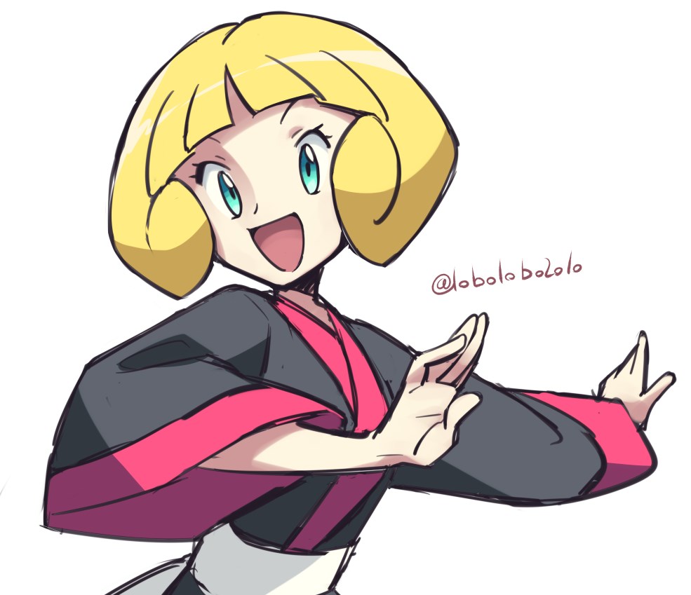 1girl :d blonde_hair blue_eyes blunt_bangs dougi eyelashes greta_(pokemon) long_sleeves looking_at_viewer momoji_(lobolobo2010) nintendo open_mouth pokemon pokemon_emerald pokemon_rse short_hair smile solo twitter_username upper_body white_background wide_sleeves