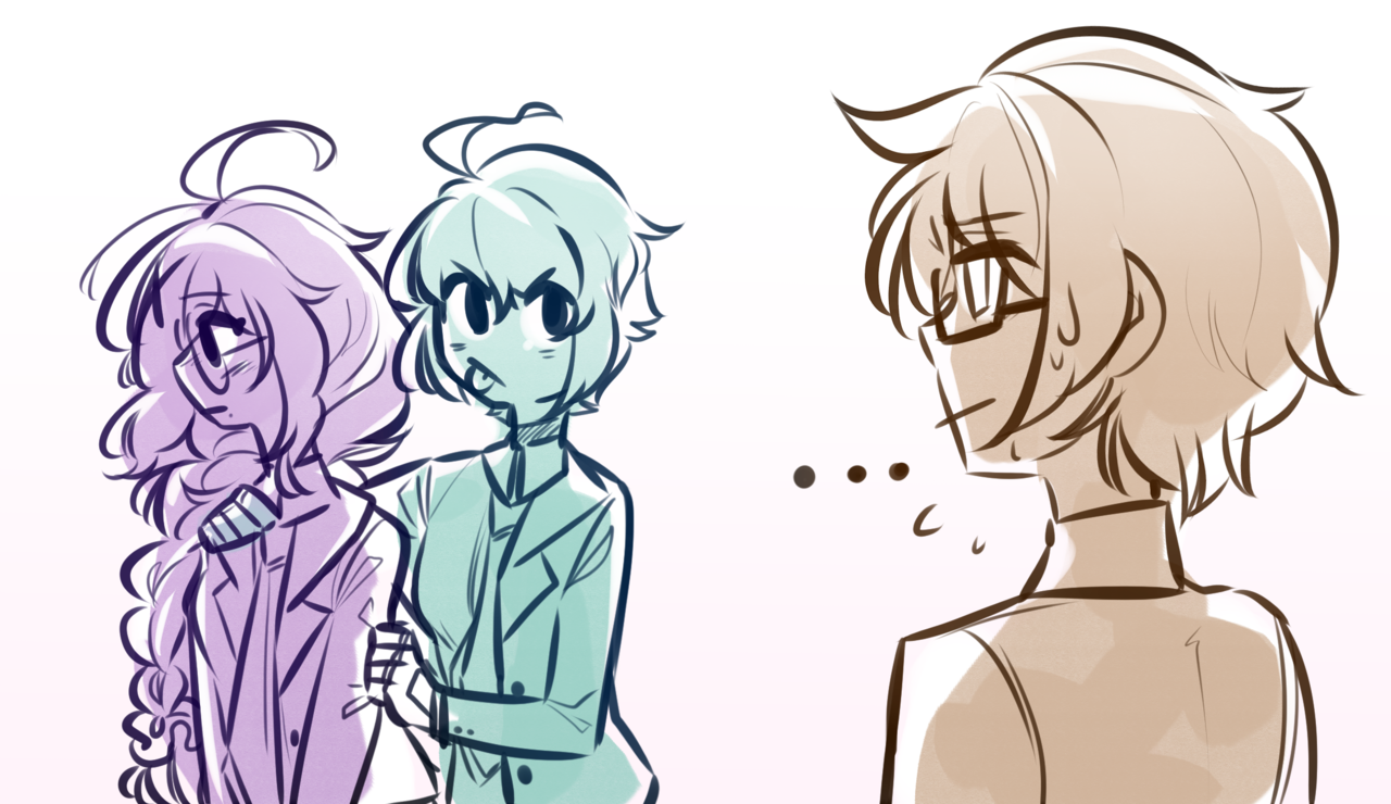 ... 1boy 2girls ahoge alternate_costume aqua_hair braid closed_mouth commentary danganronpa:_trigger_happy_havoc danganronpa_(series) danganronpa_another_episode:_ultra_despair_girls english_commentary flying_sweatdrops fukawa_toko glasses gloves hand_on_another's_arm hand_on_another's_shoulder jacket limited_palette long_hair long_sleeves mole mole_under_mouth multiple_girls naegi_komaru open_clothes open_jacket parucafe round_eyewear short_hair simple_background single_braid sweat togami_byakuya tongue tongue_out v-shaped_eyebrows white_background