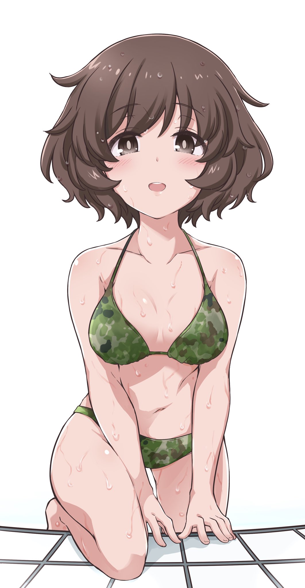 1girl akiyama_yukari bikini blush breasts brown_eyes brown_hair commentary_request girls_und_panzer green_bikini hazuki_haru highres looking_at_viewer medium_breasts navel open_mouth short_hair simple_background solo swimsuit wet white_background
