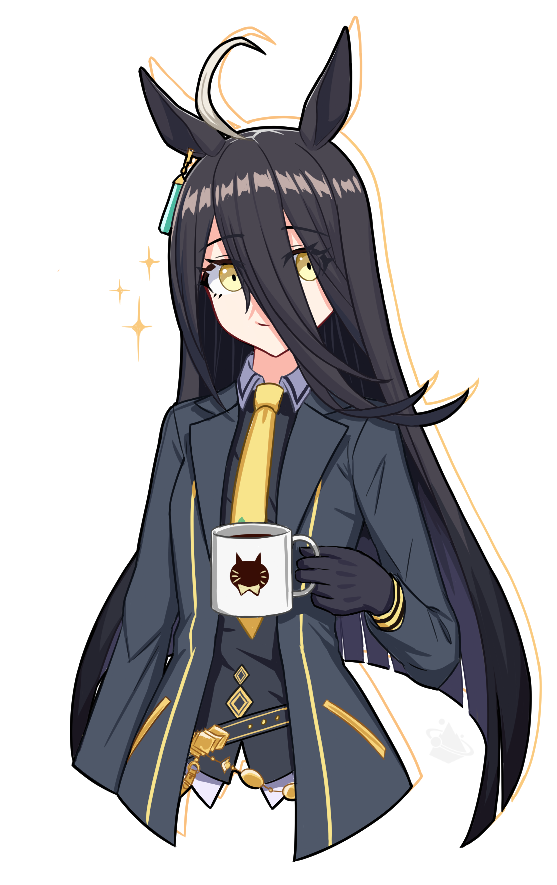 1girl ahoge animal_ears black_gloves black_hair closed_mouth collared_shirt commentary cup english_commentary facing_viewer gloves hair_between_eyes hand_up holding holding_cup horse_ears horse_girl jacket jewelry long_bangs long_hair long_sleeves manhattan_cafe_(umamusume) mouhantain necktie shirt simple_background smile solo sparkle umamusume white_background yellow_eyes yellow_necktie