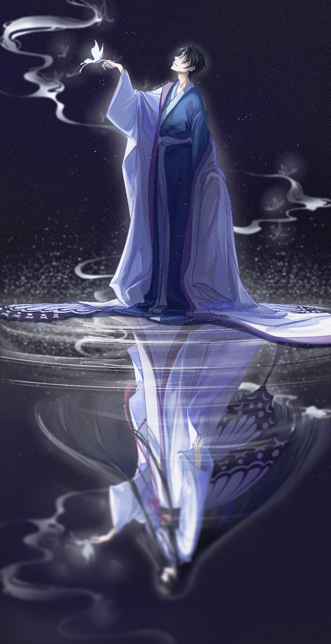 1boy 1girl arm_at_side blue_kimono blurry bug butterfly butterfly_on_hand butterfly_wings cemony covered_eyes different_reflection facing_up hand_up haori highres hime_cut ichihara_yuuko insect insect_wings japanese_clothes kimono light_particles long_hair long_sleeves night obi off_shoulder reflection ripples sash short_hair sidelocks silhouette sleeves_past_fingers sleeves_past_wrists smoke standing standing_on_liquid straight_hair surreal symmetrical_pose very_long_hair watanuki_kimihiro white_kimono wide_sleeves wings xxxholic