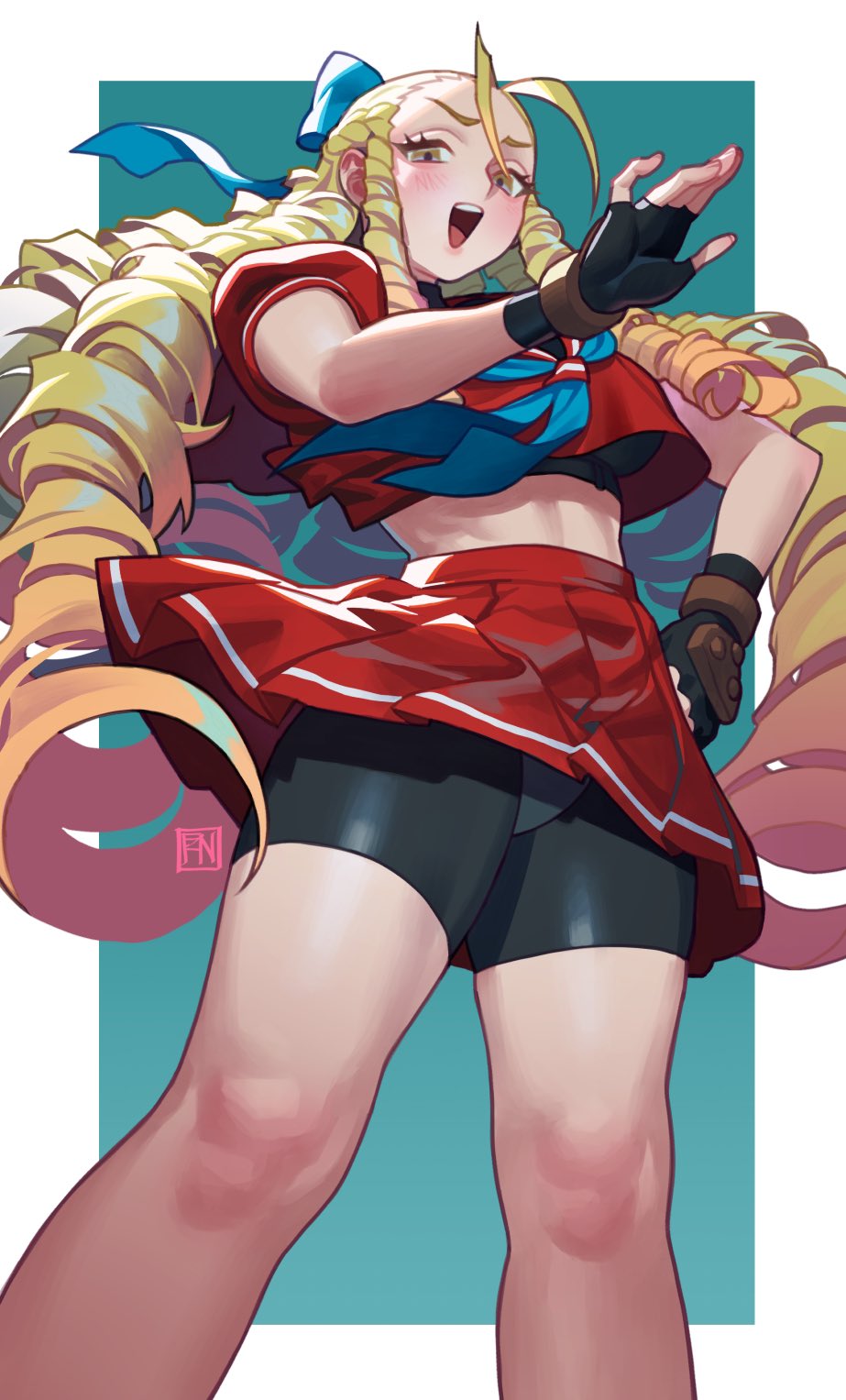 1girl bike_shorts black_sports_bra blonde_hair blue_bow bow brown_eyes cowboy_shot drill_hair fingerless_gloves forehead from_below gloves hair_bow hair_pulled_back highres kanzuki_karin laughing long_hair looking_at_viewer midriff panties panties_over_bike_shorts pleated_skirt poch4n red_sailor_collar red_skirt ringlets sailor_collar school_uniform serafuku sidelocks signature simple_background skirt solo sports_bra street_fighter street_fighter_zero_(series) underwear