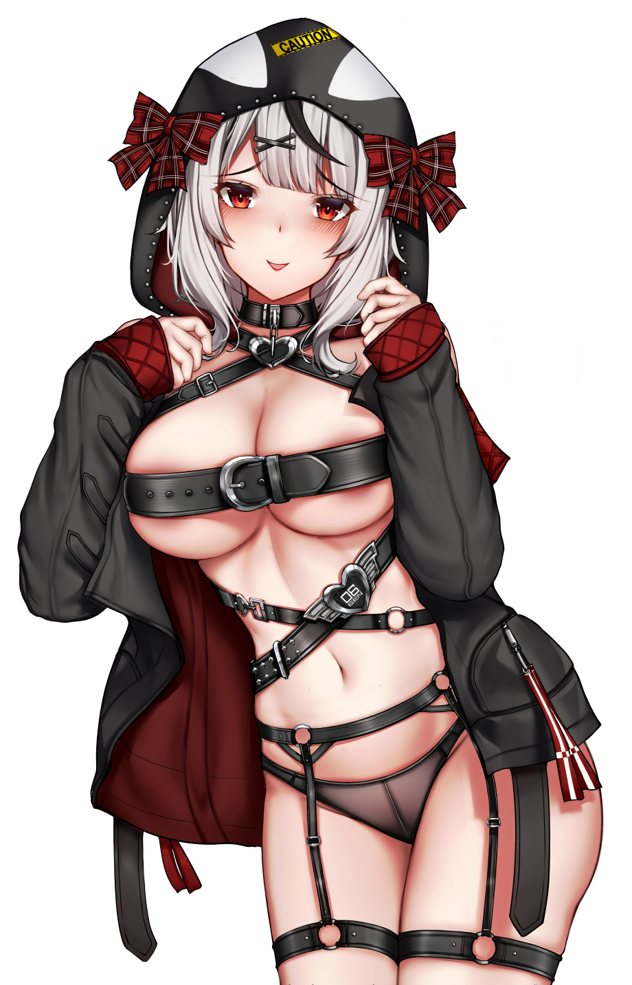1girl :p animal_hood belt belt_bra black_belt black_collar black_hair black_jacket black_panties blunt_bangs blush bow breasts caution cleavage collar commentary cowboy_shot english_commentary garter_belt groin hair_ornament hands_up heart_collar highres hololive hood hood_up hooded_jacket jacket kitsune_udon_(qtsuneudon) large_breasts long_sleeves looking_at_viewer medium_hair multicolored_hair navel o-ring o-ring_belt orca_hood panties plaid_bow red_eyes sakamata_chloe sidelocks silver_hair simple_background skindentation smile solo standing stomach streaked_hair thigh_strap tongue tongue_out underwear virtual_youtuber white_background x_hair_ornament