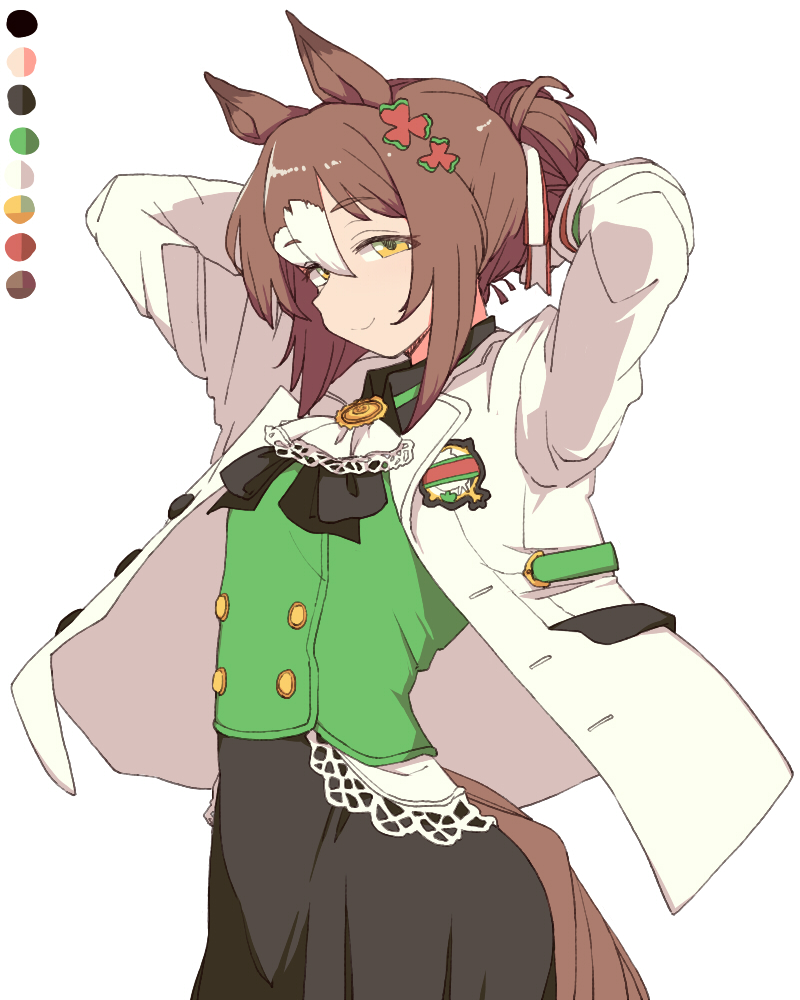 1girl animal_ears arms_up ascot black_bow black_shirt black_skirt bow brown_hair buttons closed_mouth collared_shirt color_guide commentary cowboy_shot double-breasted fine_motion_(umamusume) green_eyes green_vest hair_between_eyes hair_bun horse_ears horse_girl horse_tail jacket long_sleeves multicolored_hair open_clothes open_jacket shirt short_hair skirt smile solo streaked_hair tail toriga_naku umamusume vest white_ascot white_hair white_jacket