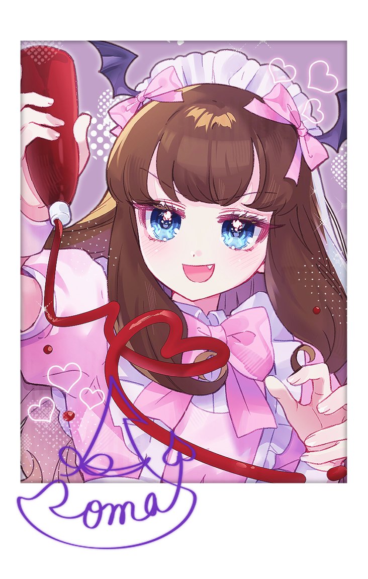 1girl :d arm_up blue_eyes border bottle bow brown_hair character_signature chuu0105 demon_wings fang hair_ornament hand_up holding holding_bottle ketchup ketchup_bottle kurosu_aroma long_hair looking_at_viewer maid maid_headdress open_mouth pink_bow pink_ribbon polaroid_photo pouring pretty_series pripara puffy_short_sleeves puffy_sleeves ribbon short_sleeves smile solo upper_body white_border wing_hair_ornament wings