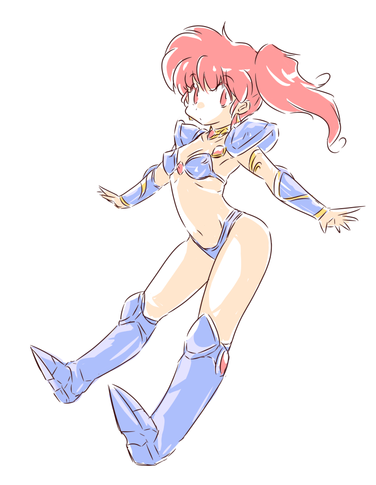 1girl armor asagiri_youko bikini bikini_armor blue_bikini breasts chibi commentary_request full_body genmu_senki_leda long_hair looking_at_viewer navel okuri_ookami red_eyes red_hair shoulder_armor side_ponytail small_breasts solo swimsuit sword weapon white_background