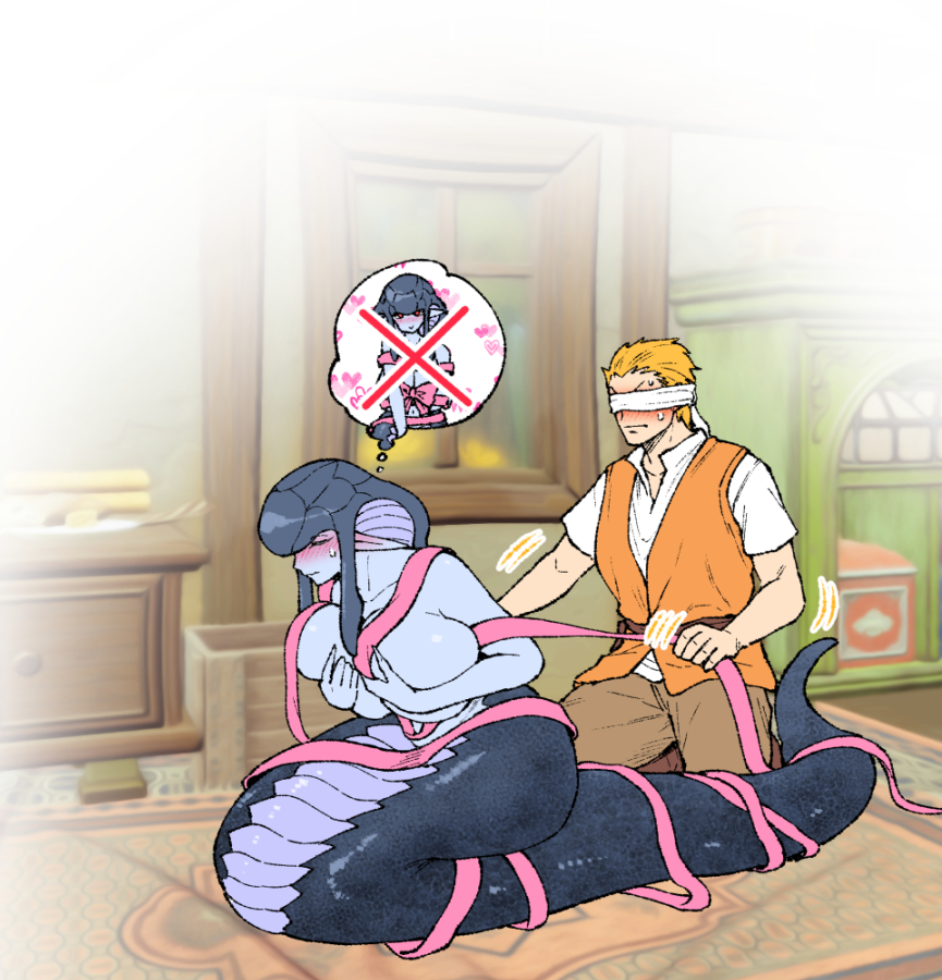1boy 1girl blindfold blonde_hair blush breasts imagining indoors lamia large_breasts monster_girl nenbuta original pointy_ears scales shirt short_hair tail vest