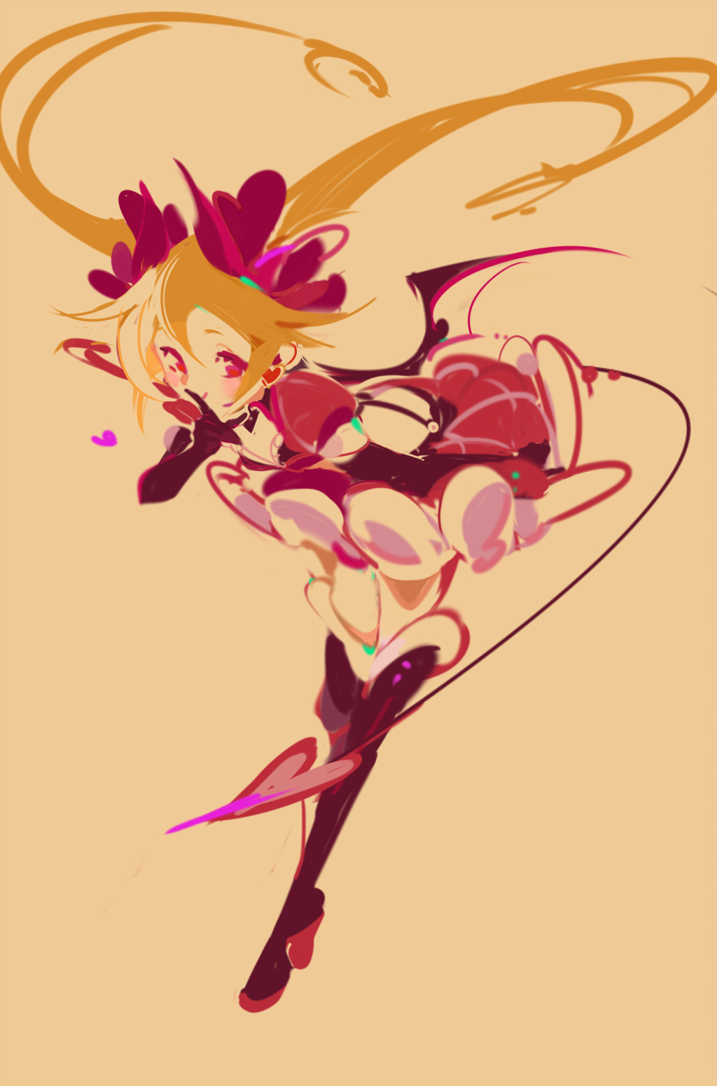1girl arm_at_side bat_wings blonde_hair blush boots brown_boots brown_gloves brown_shirt choker crop_top earrings fake_tail fake_wings finger_to_mouth flat_color gem gloves hair_between_eyes heart highres jewelry kisaki_emiri leaning_forward long_hair looking_at_viewer magia_record:_mahou_shoujo_madoka_magica_gaiden magical_girl mahou_shoujo_madoka_magica midriff no_lineart orange_gemstone pink_eyes puffy_short_sleeves puffy_sleeves red_skirt she_li_(lynxm) shirt short_sleeves sidelocks single_earring skirt smile solo suspenders tail thigh_boots twintails very_long_hair wings yellow_background