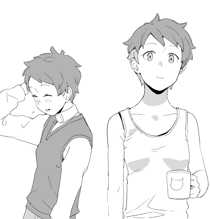 1girl closed_eyes cup flying_sweatdrops gundam gundam_suisei_no_majo holding holding_cup long_sleeves makio_(makiomeigenbot) md5_mismatch monochrome mug multicolored_hair nika_nanaura short_hair smile solo sweater_vest tank_top very_short_hair webp-to-png_conversion
