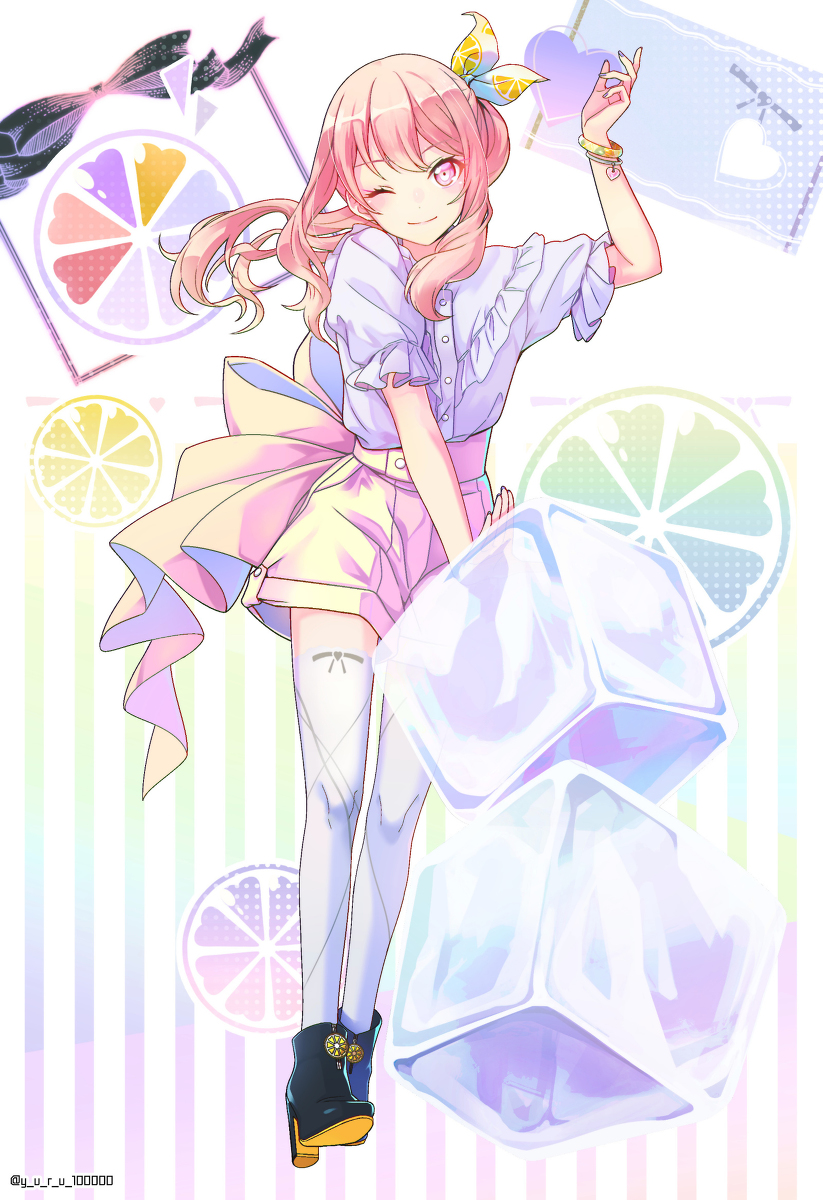 1other akiyama_mizuki argyle_clothes argyle_thighhighs bad_id bad_twitter_id belt black_boots boots bow bracelet buttons closed_mouth collared_shirt commentary denim denim_shorts eyelashes floating_hair food frilled_shirt_collar frilled_sleeves frills fruit full_body hair_between_eyes hair_bow hand_up heart high_heel_boots high_heels highres ice ice_cube jewelry large_bow lemon lemon_slice light_blush long_hair one_eye_closed other_focus oversized_object pink_belt pink_bow pink_eyes pink_hair pink_shorts project_sekai puffy_short_sleeves puffy_sleeves shirt short_sleeves shorts side_ponytail sidelocks smile solo standing striped_background thighhighs twitter_username waist_bow wavy_hair white_background white_shirt white_thighhighs y_u_r_u_10000 yellow_bow