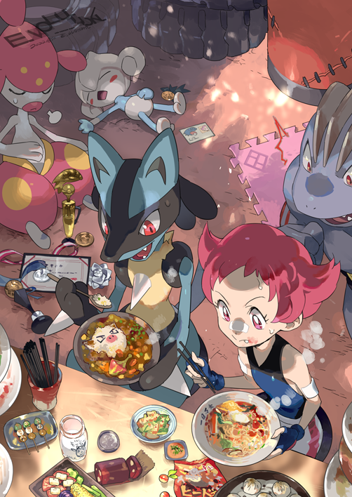 1girl bandaid bandaid_on_arm bandaid_on_face bandaid_on_nose blue_bodysuit blue_gloves bodysuit bowl closed_mouth e_volution eating fangs fingerless_gloves food from_above gen_1_pokemon gen_3_pokemon gen_4_pokemon gloves holding holding_bowl holding_spoon lucario machoke maylene_(pokemon) medicham meditite nintendo open_mouth pink_hair pokemon pokemon_(creature) pokemon_dppt purple_eyes red_eyes rice short_hair shorts spoon sweat table tongue