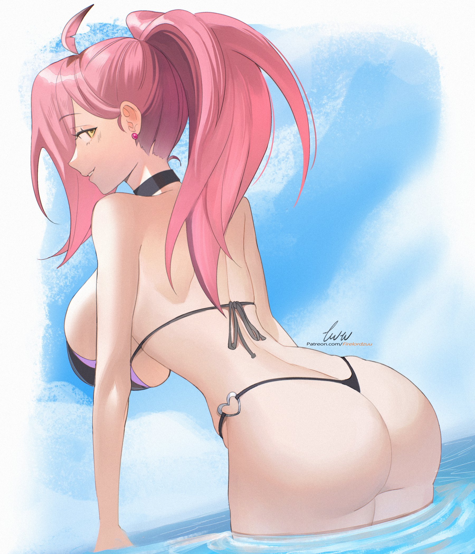 1girl artist_name ass ass_focus back back-tie_bikini bikini black_bikini blue_sky breasts cowboy_shot day earrings eyebrows eyelashes female_focus from_behind grin heart heart_o-ring highres huge_ass huge_breasts indie_virtual_youtuber jewelry large_breasts leaning_forward long_hair looking_at_viewer looking_back naughty_face nene_efthy nose o-ring o-ring_bikini ocean outdoors pink_hair ponytail profile sky smile solo standing swimsuit teeth thong thong_bikini virtual_youtuber water yellow_eyes zuu_(zuuzu)