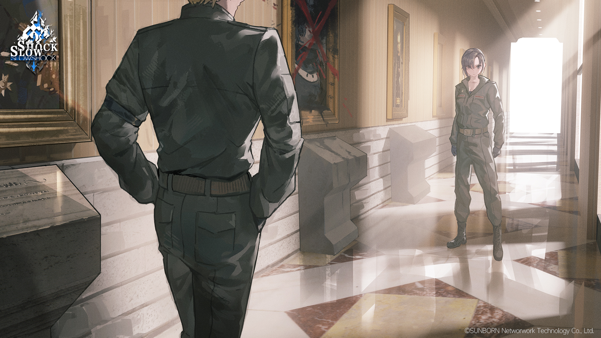 1boy 1girl aged_down angelia_(girls'_frontline) armband artist_request belt blonde_hair boots brown_boots ceiling_light closed_mouth commentary company_name copyright_notice crossed_out day english_commentary eyes_visible_through_hair girls'_frontline gloves green_jacket green_pants hair_over_one_eye hallway hands_on_own_hips head_out_of_frame highres jacket light_rays long_sleeves looking_at_another martha_meitner_(girls'_frontline) military_uniform official_art paint pants plaque portrait_(object) ramzan_(girls'_frontline) second-party_source short_hair standing step-siblings vandalism