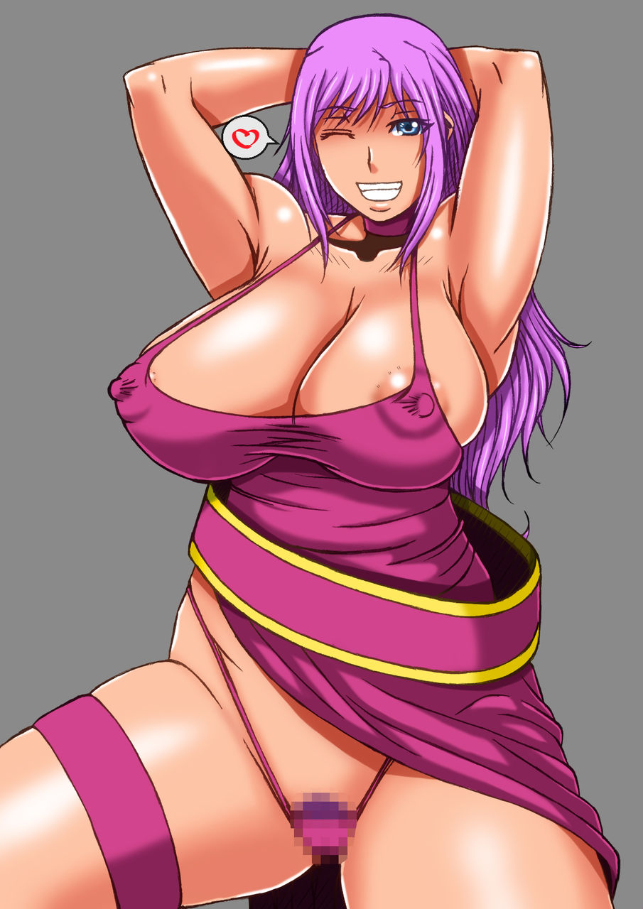 1girl alternate_color armpits arms_behind_head breasts cleavage covered_erect_nipples fatal_fury female_focus garou:_mark_of_the_wolves garou_mark_of_the_wolves grin highres huge_breasts b._jenet looking_at_viewer one_eye_closed papepox2 purple_hair smile snk solo the_king_of_fighters wink