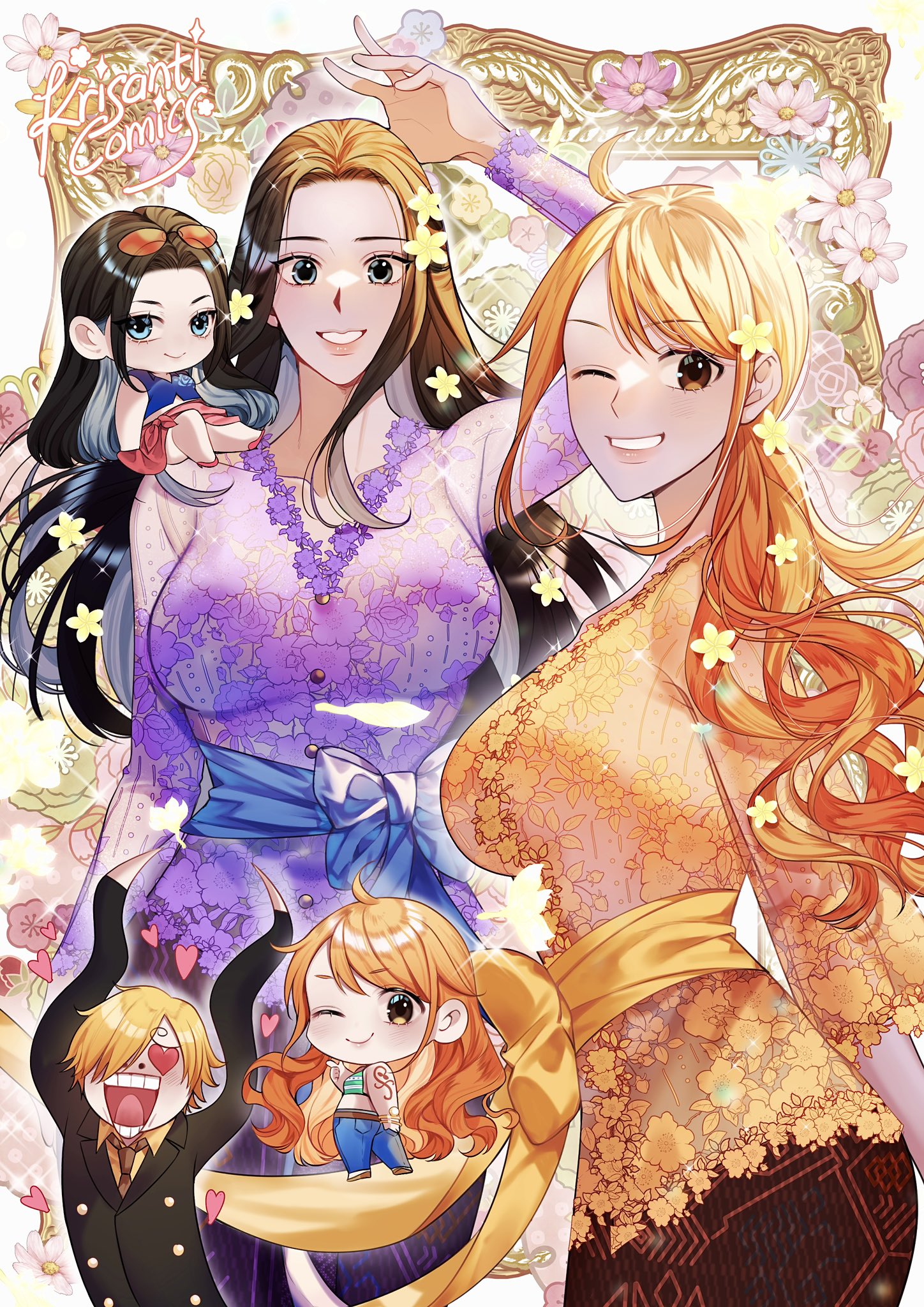 1boy 2girls arm_tattoo bikini bikini_top_only black_hair black_suit blonde_hair blue_eyes chibi commentary curly_eyebrows denim english_commentary formal_clothes hair_over_one_eye heart heart-shaped_eyes highres indonesian_clothes jeans kriskris long_hair long_sleeves looking_back multiple_girls nami_(one_piece) nico_robin one_eye_closed one_piece orange_eyes orange_hair pants pink_sarong profile sanji_(one_piece) sarong sash smile suit swimsuit symbol-shaped_pupils tattoo