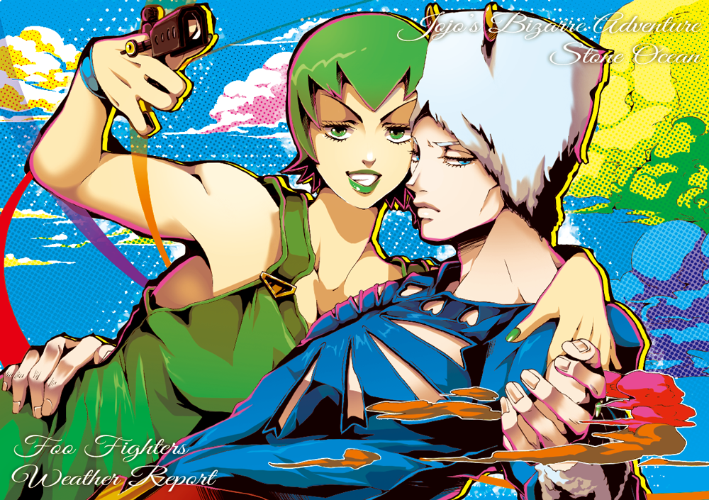 1boy 1girl ben-day_dots blue_eyes character_name cloud commentary copyright_name finger_gun foo_fighters_(jojo) funamushi_(1221) fur_hat green_eyes green_hair hat horned_hat jojo_no_kimyou_na_bouken screentones short_hair stone_ocean weather_report