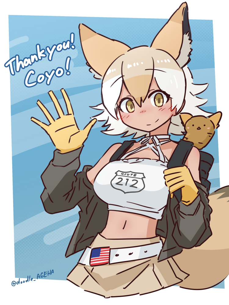 1girl animal_ears bag belt blonde_hair blue_background camisole coyopotato coyote_(kemono_friends) da_(bobafett) extra_ears gloves jacket kemono_friends kemono_friends_v_project looking_at_viewer navel neck_ribbon ribbon short_hair simple_background skirt tail virtual_youtuber wolf_ears wolf_girl wolf_tail yellow_eyes