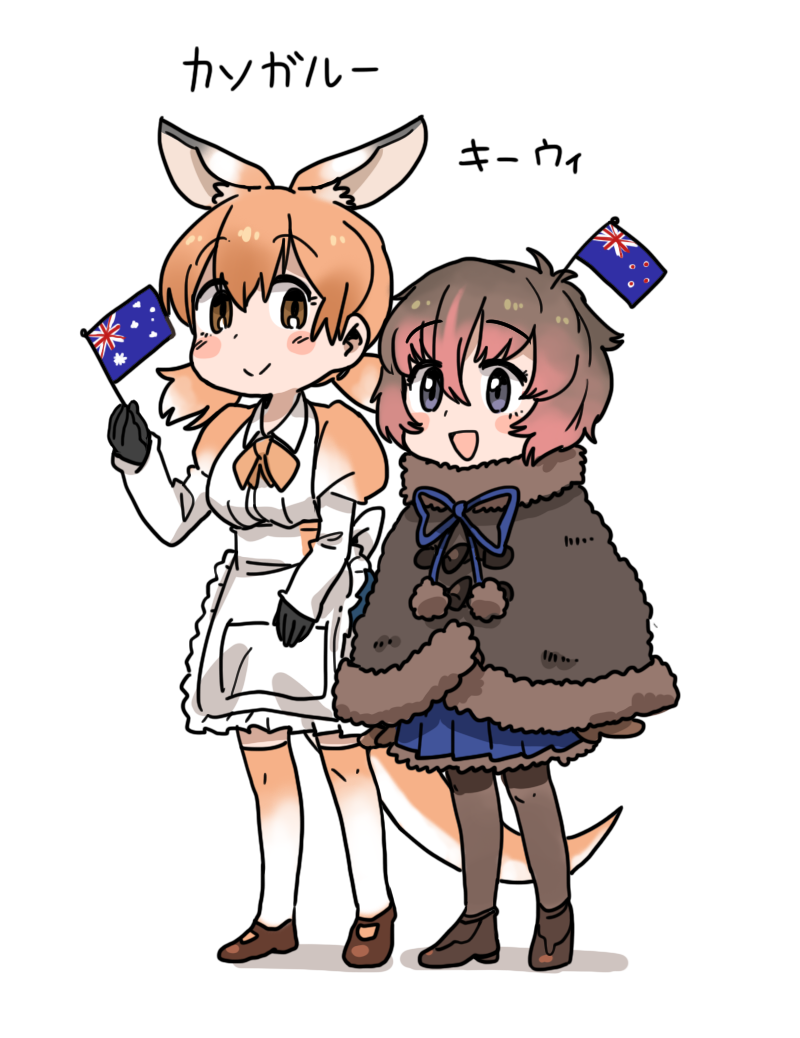 10s 2girls :&gt; :d ankle_boots anyan_(jooho) apron arms_at_sides australian_flag black_gloves blue_eyes blue_skirt blush_stickers boots bow brown_capelet brown_eyes brown_footwear brown_gloves brown_hair brown_legwear buttons capelet character_name closed_mouth dot_nose drawstring extra_ears eyelashes flag frilled_apron frills full_body fur-trimmed_capelet fur-trimmed_skirt fur_trim gloves gradient_hair gradient_legwear hair_between_eyes hand_up height_difference holding holding_flag image_sample juliet_sleeves kangaroo_ears kangaroo_tail kemono_friends long_sleeves looking_at_viewer looking_away low_twintails mary_janes medium_hair mini_flag multicolored_clothes multicolored_hair multicolored_legwear multiple_girls naver_sample neck_ribbon north_island_brown_kiwi_(kemono_friends) object_on_head on_head open_mouth orange_hair orange_legwear orange_ribbon pantyhose pink_hair pleated_skirt pocket pom_pom_(clothes) puffy_sleeves red_kangaroo_(kemono_friends) ribbon shadow shoes short_hair short_twintails simple_background skirt smile standing tareme thighhighs twintails two-tone_hair two-tone_legwear waist_apron wavy_hair white_apron white_background white_bow white_hair white_legwear wing_collar