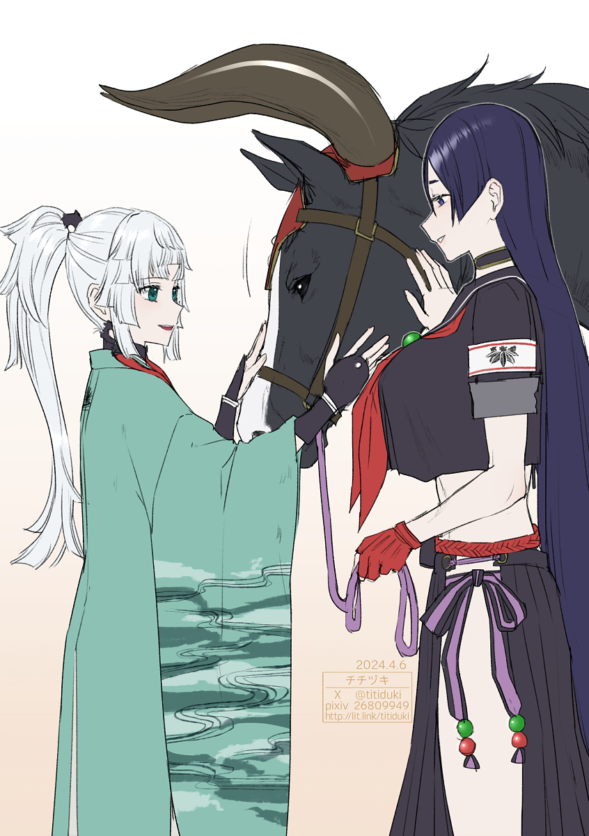 2girls armband artist_name black_choker black_serafuku breasts choker commentary_request crop_top dated fate/grand_order fate/samurai_remnant fate_(series) fingerless_gloves gloves green_eyes highres horns horse japanese_clothes large_breasts long_hair long_skirt midriff minamoto_no_raikou_(fate) minamoto_no_raikou_(fate/grand_order) minamoto_no_raikou_(swimsuit_lancer)_(fate) minamoto_no_raikou_(swimsuit_lancer)_(second_ascension)_(fate) multiple_girls open_mouth outside_border pixiv_id pleated_skirt ponytail purple_hair red_gloves school_uniform serafuku side_slit skirt smile titiduki_(manman-ya) twitter_username very_long_hair watermark web_address white_hair yui_shousetsu_(fate)