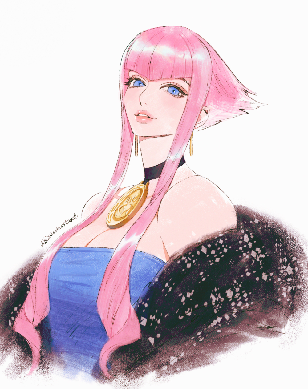 1girl bare_shoulders black_choker blue_eyes breasts choker cropped_torso highres looking_at_viewer manon_legrand medallion medium_breasts parted_lips pink_hair short_hair_with_long_locks simple_background smile solo strapless street_fighter street_fighter_6 sumustard twitter_username white_background
