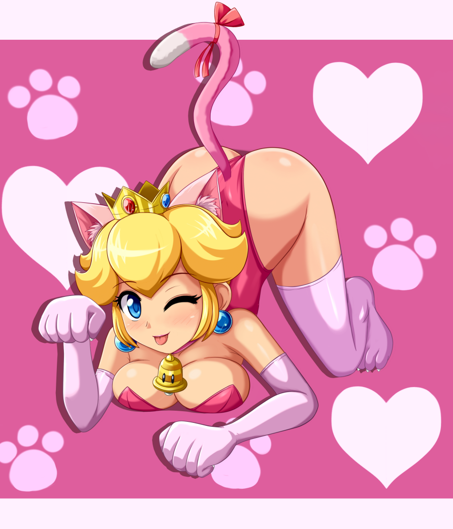 1girl animal_ears ass blonde_hair blue_eyes breasts cat_ears cat_girl cat_peach cat_tail cleavage crown earrings elbow_gloves gloves heart jewelry kneeling leotard looking_at_viewer mario_(series) medium_breasts nintendo one_eye_closed pink_gloves pink_leotard pink_thighhighs princess_peach sigurd_hosenfeld super_bell super_mario_3d_world tail thighhighs tongue tongue_out