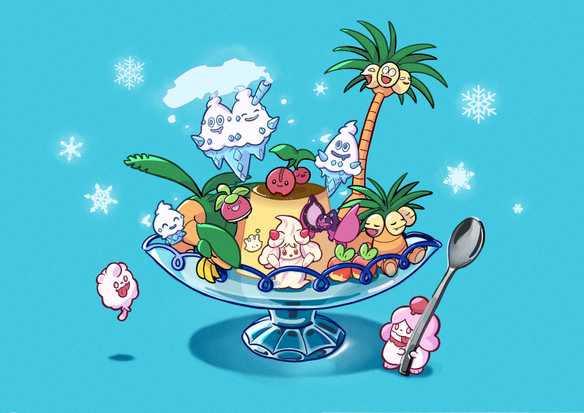 :d alcremie alolan_exeggutor alolan_form applin aqua_background bounsweet cherubi commentary drooling exeggutor fangs fog food game_freak gen_1_pokemon gen_3_pokemon gen_4_pokemon gen_5_pokemon gen_6_pokemon gen_7_pokemon gen_8_pokemon milcery mouth_drool nintendo no_humans open_mouth pecharunt pokemon pokemon_(creature) pudding red_eyes sakuramochi0906 sitting slurpuff smile snowflakes spoon swirlix tropius vanillish vanillite vanilluxe