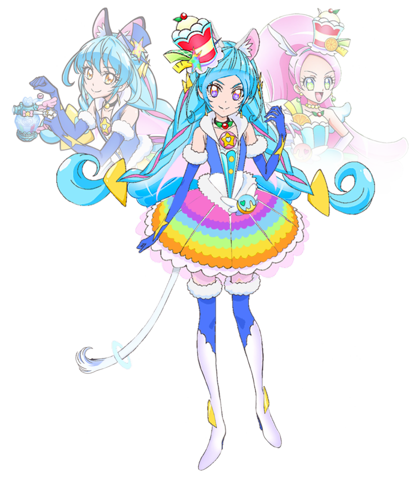 animal_ears blue_gloves blue_hair cat_ears cure_cosmo cure_parfait dress fusion gloves kirakira_precure_a_la_mode precure star_twinkle_precure tail white_footwear white_tail