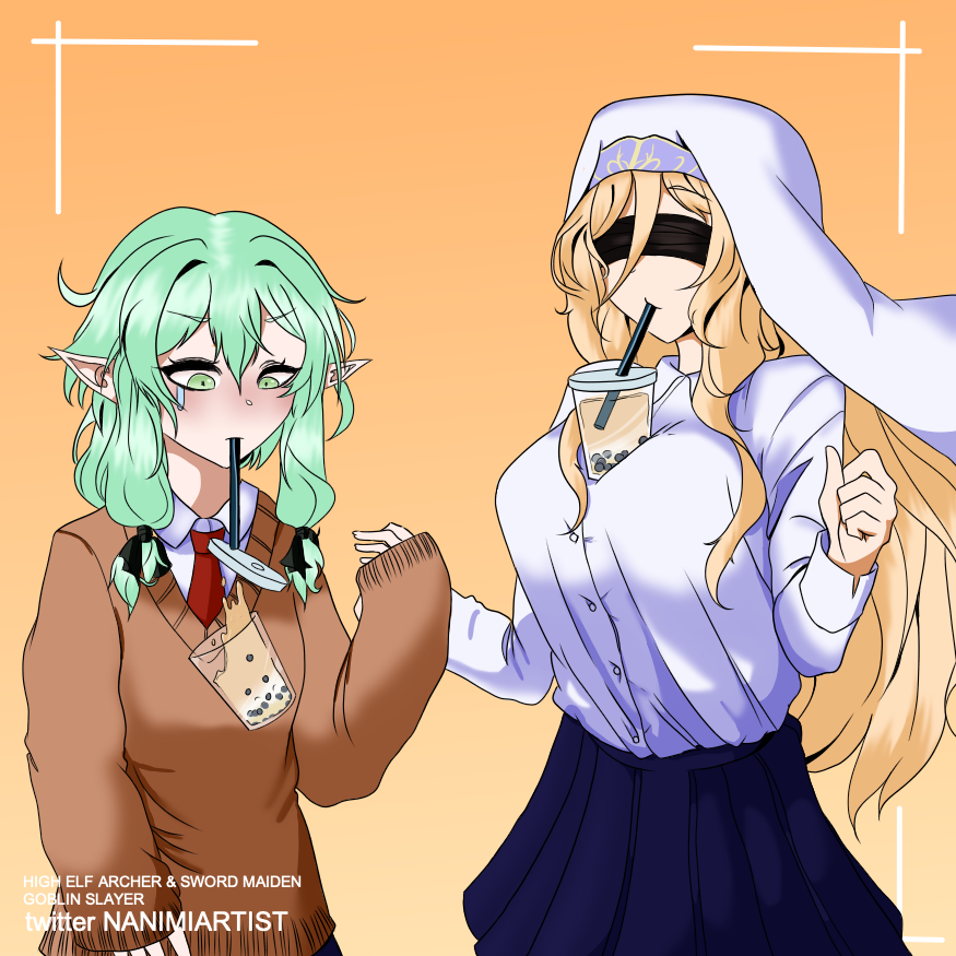2girls between_breasts black_blindfold blindfold blonde_hair blue_skirt breasts brown_sweater bubble_tea bubble_tea_challenge character_name commentary copyright_name cup disposable_cup drinking_straw elf english_commentary falling goblin_slayer! green_eyes green_hair high_elf_archer_(goblin_slayer!) keroroartist large_breasts long_hair multiple_girls orange_background pointy_ears shirt skirt small_breasts sweater sword_maiden tears veil white_shirt white_veil