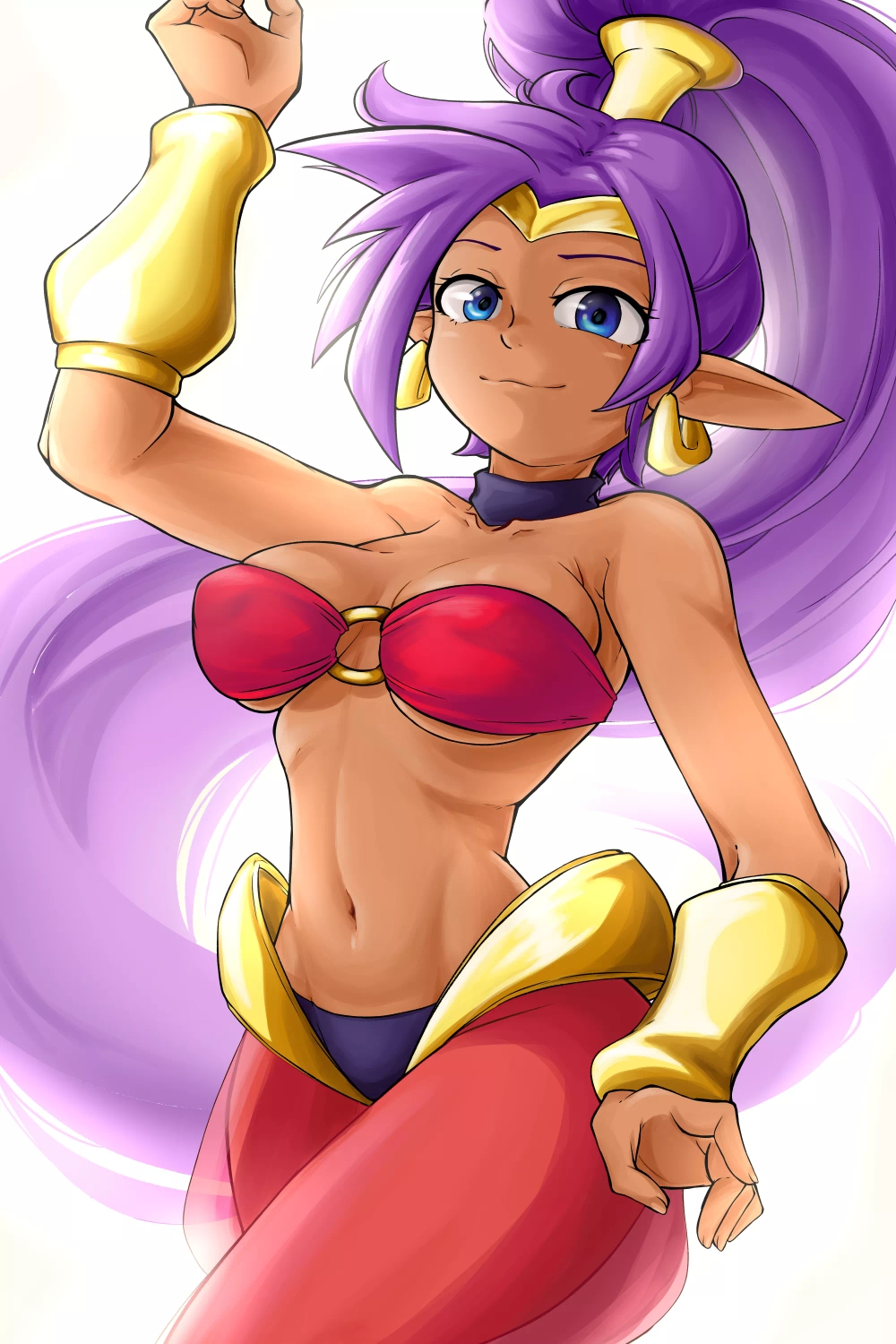 1girl bandeau bare_shoulders blue_eyes bracer breasts closed_mouth commentary cowboy_shot dark-skinned_female dark_skin earrings english_commentary harem_outfit harem_pants high_ponytail highres jewelry laz_gm long_hair looking_at_viewer medium_breasts navel o-ring o-ring_top paid_reward_available pants ponytail purple_hair red_bandeau shantae shantae_(series) simple_background solo stomach very_long_hair white_background