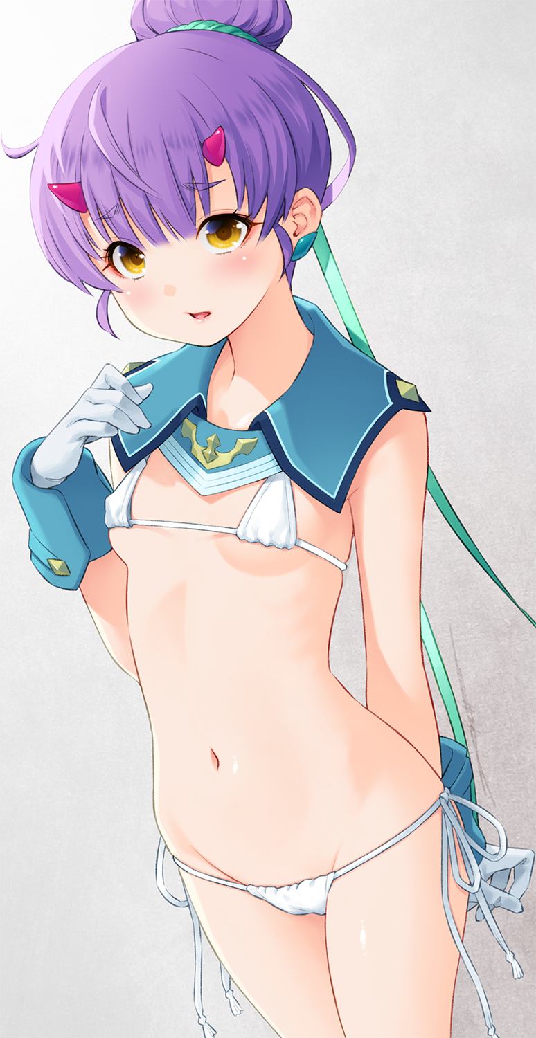 1girl bikini blush breasts covered_erect_nipples fiona_(xenoblade) gloves hair_bun highres horns kazuma_muramasa looking_at_viewer micro_bikini navel open_mouth purple_hair red_horns sailor_collar small_breasts solo standing swimsuit white_bikini white_gloves wrist_cuffs xenoblade_chronicles_(series) xenoblade_chronicles_3 yellow_eyes