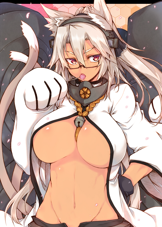 10s 1girl animal_ears bell between_breasts blazblue breasts brown_hair candy cat_ears cat_tail chupa_chups commentary cosplay covered_erect_nipples dark-skinned_female dark_skin fake_screenshot female_focus food glasses gloves hand_on_own_hip headgear hexagon jingle_bell kantai_collection kokonoe_(blazblue) kokonoe_(cosplay) large_breasts lollipop long_hair mouth_hold multiple_tails musashi_(kancolle) open_fly paw_pose petals pointy_hair red_eyes ro-ga_(kurumaya) short_hair solo tail underboob unzipped