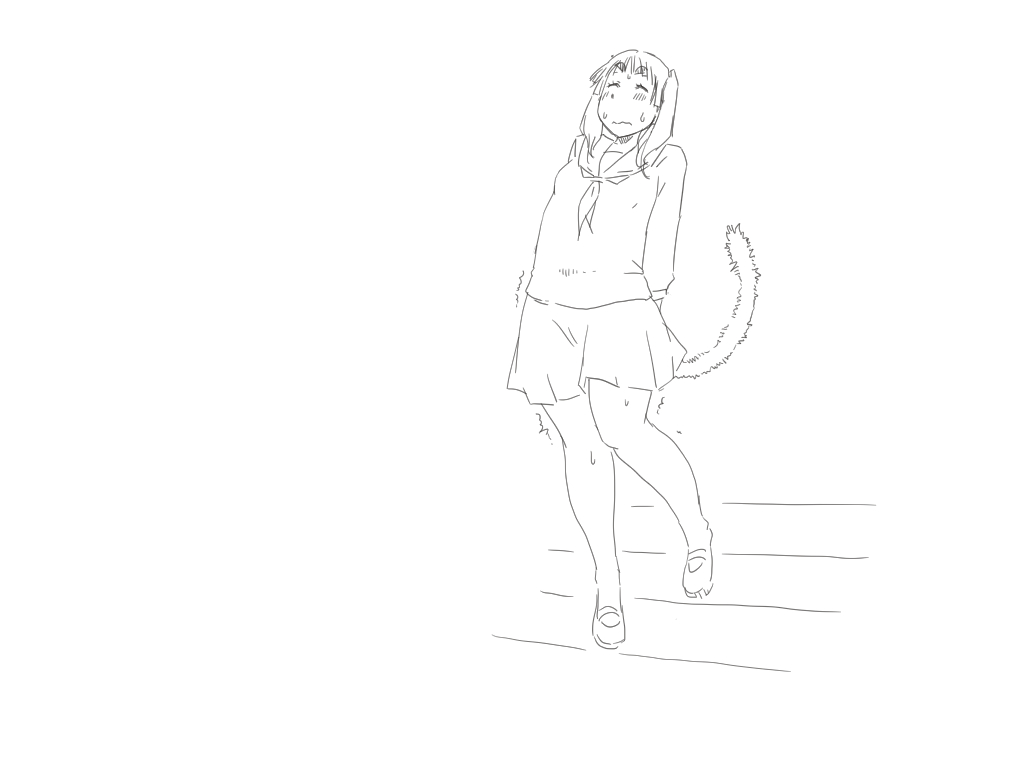 1girl anal_beads anal_tail bad_id bad_pixiv_id blush butt_plug closed_eyes elk115 eyebrows fake_tail female_focus greyscale monochrome original school_uniform serafuku sex_toy skirt solo sweat sweatdrop tail trembling walking wavy_mouth