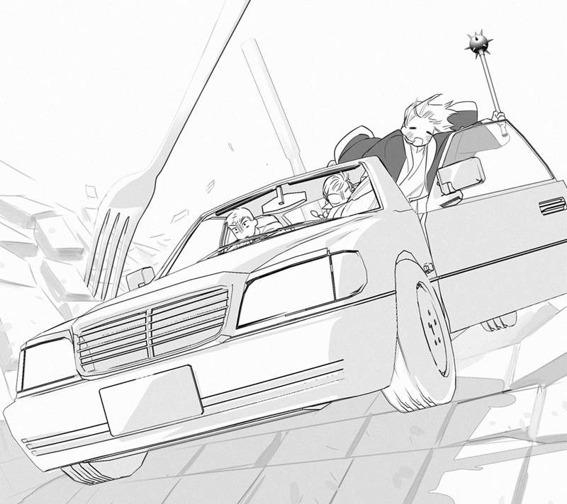 1boy 2girls car driving dungeon_meshi falin_touden flail fork holding holding_weapon laios_touden marcille_donato monochrome motor_vehicle multiple_girls wawa_(wawawa0080) weapon