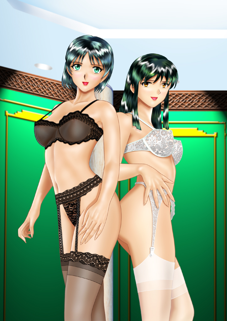 2girls adjutant_(agent_aika) agent_aika aika_(series) black_bra black_legwear black_panties blue_hair blush bra brown_eyes collarbone couple delmo delmo_commander garter_belt garter_straps green_eyes green_hair indoors lingerie lipstick long_hair makeup multiple_girls navel nipples open_mouth panties red_lips short_hair standing thighhighs thighs underwear white_bra white_delmo white_legwear yuusuke_(ziyasu)