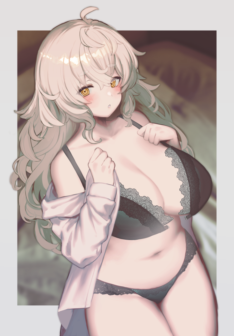 1girl black_bra black_panties blush bra breasts brown_hair cleavage commission front-hook_bra hair_between_eyes lace lace-trimmed_bra lace-trimmed_panties lace_trim large_breasts large_variant_set lips long_hair looking_at_viewer navel open_bra original oshiruko_(tsume) panties shirt skeb_commission solo stomach underwear variant_set white_shirt yellow_eyes