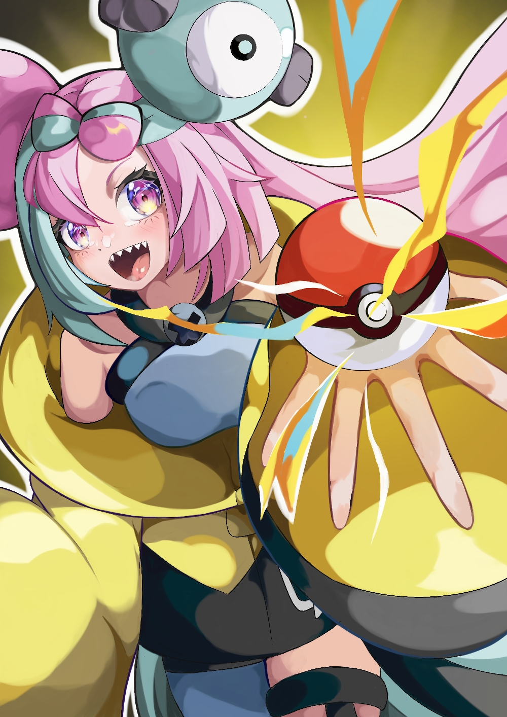 bow-shaped_hair character_hair_ornament fake_hair_bun grey_pantyhose hair_ornament hexagon_print highres iono_(pokemon) jacket manbou_(wjxj5237) multicolored_hair nintendo oversized_clothes pantyhose pokemon pokemon_sv sharp_teeth single_leg_pantyhose sleeves_past_fingers sleeves_past_wrists split-color_hair teeth two-tone_hair very_long_sleeves x yellow_jacket