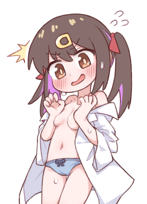 1girl ^^^ black_hair blue_panties blush bow bow_panties breasts brown_eyes commentary_request covering_breasts covering_privates cowboy_shot flying_sweatdrops hair_between_eyes hair_ornament hairclip korean_commentary lab_coat long_hair looking_at_viewer m1ch medium_breasts multicolored_hair naked_lab_coat navel no_bra off_shoulder onii-chan_wa_oshimai! oyama_mihari panties purple_hair simple_background solo sweat thigh_gap twintails two-tone_hair underwear v-shaped_eyebrows white_background