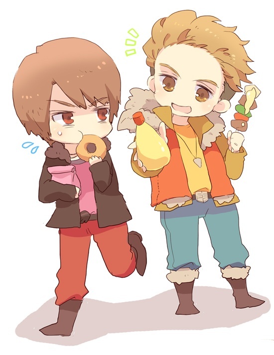 2boys bad_id bad_pixiv_id bag brown_eyes brown_hair donut eating food full_body jewelry kamen_rider kamen_rider_wizard_(series) male_focus mayonnaise mofuko multicolored_hair multiple_boys necklace nitou_kousuke open_mouth shish_kebab simple_background smile souma_haruto white_background