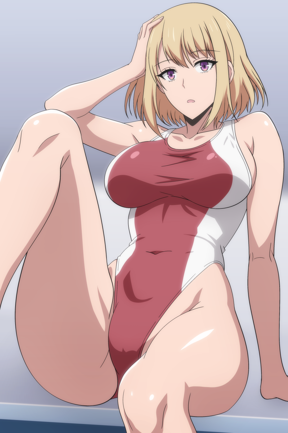 1girl arm_support arm_up blonde_hair breasts cha_hae-in collarbone commentary_request competition_swimsuit covered_navel grey_background hand_on_own_head highleg highleg_one-piece_swimsuit highres knee_up large_breasts looking_at_viewer makiri_akira one-piece_swimsuit paid_reward_available parted_lips purple_eyes red_one-piece_swimsuit short_hair sitting solo solo_leveling swimsuit thighs